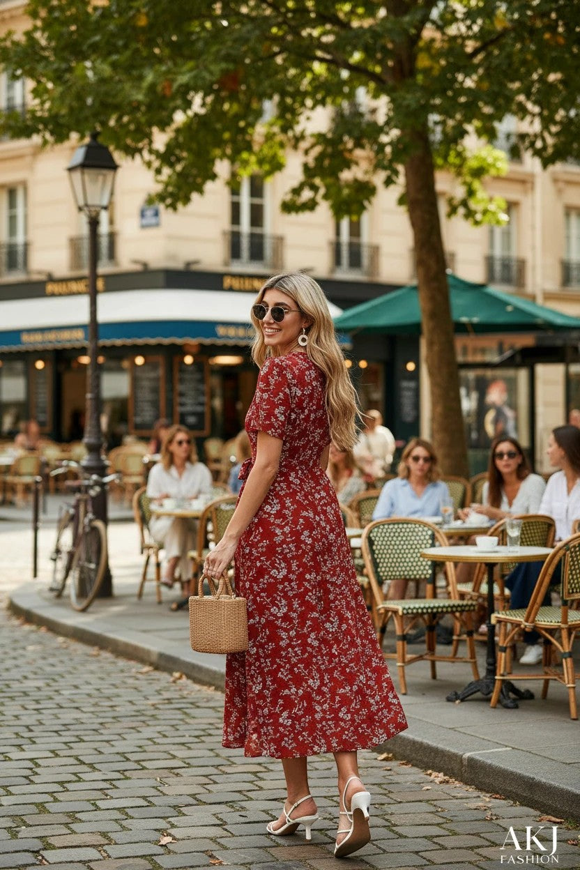 AKJ Fashion robe longue d’été rouge à imprimé floral blanc, manches courtes, coupe fluide, idéale pour un look féminin et frais.