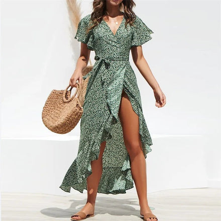 AKJ Fashion Robe longue verte à imprimé floral, col en V, manches courtes, ceinture et volants, idéale pour la plage.