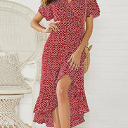 AKJ Fashion robe longue rouge à pois blancs, col V, manches courtes, fendue sur le côté, style bohème
