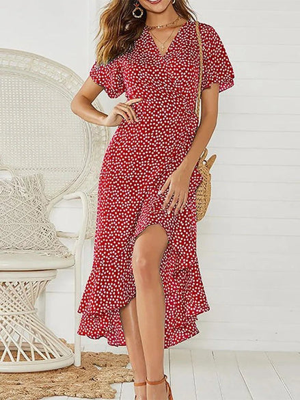 AKJ Fashion robe longue rouge à pois blancs, col V, manches courtes, fendue sur le côté, style bohème
