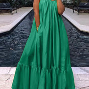 AKJ Fashion Robe longue ample verte en satin avec bretelles fines, encolure froncée et volant bas. Parfaite pour l'été.