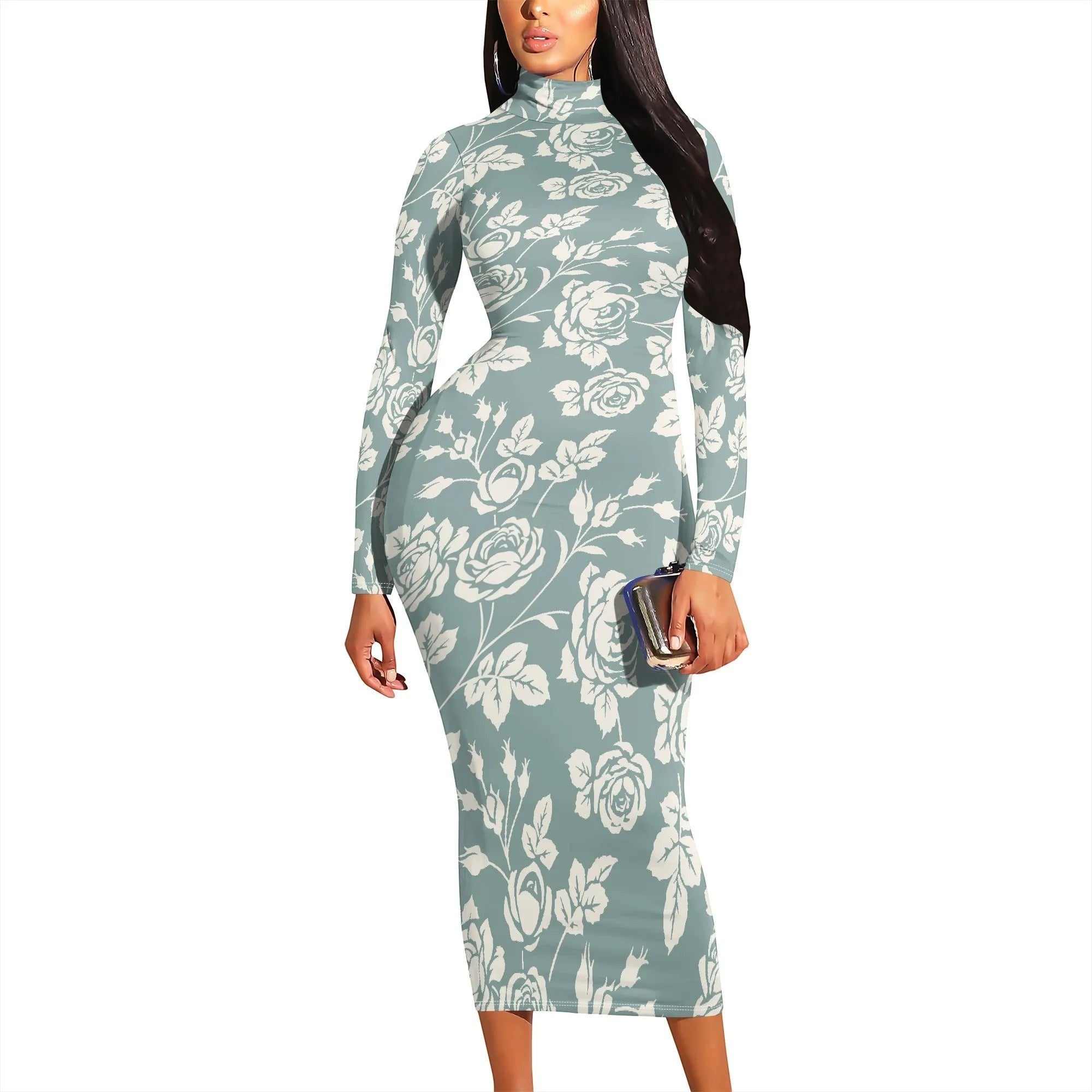 AKJ Fashion robe midi moulante bleu et blanc à imprimé roses, col montant, manches longues, tissu stretch.
