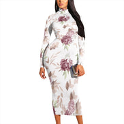AKJ Fashion robe midi moulante à col montant, manches longues, imprimé roses sur fond blanc. Tissu stretch.