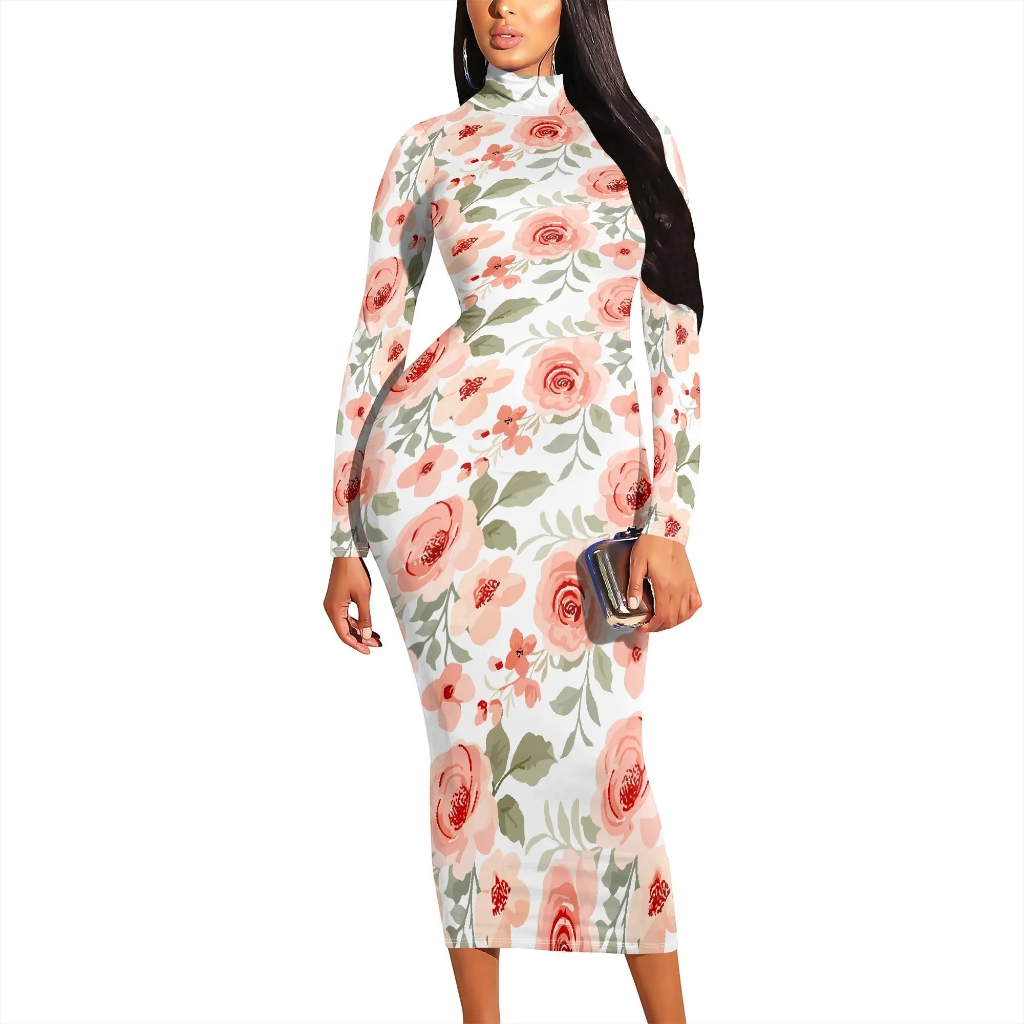 AKJ Fashion robe midi moulante à col montant, manches longues, imprimé roses corail sur fond blanc. Tissu stretch.