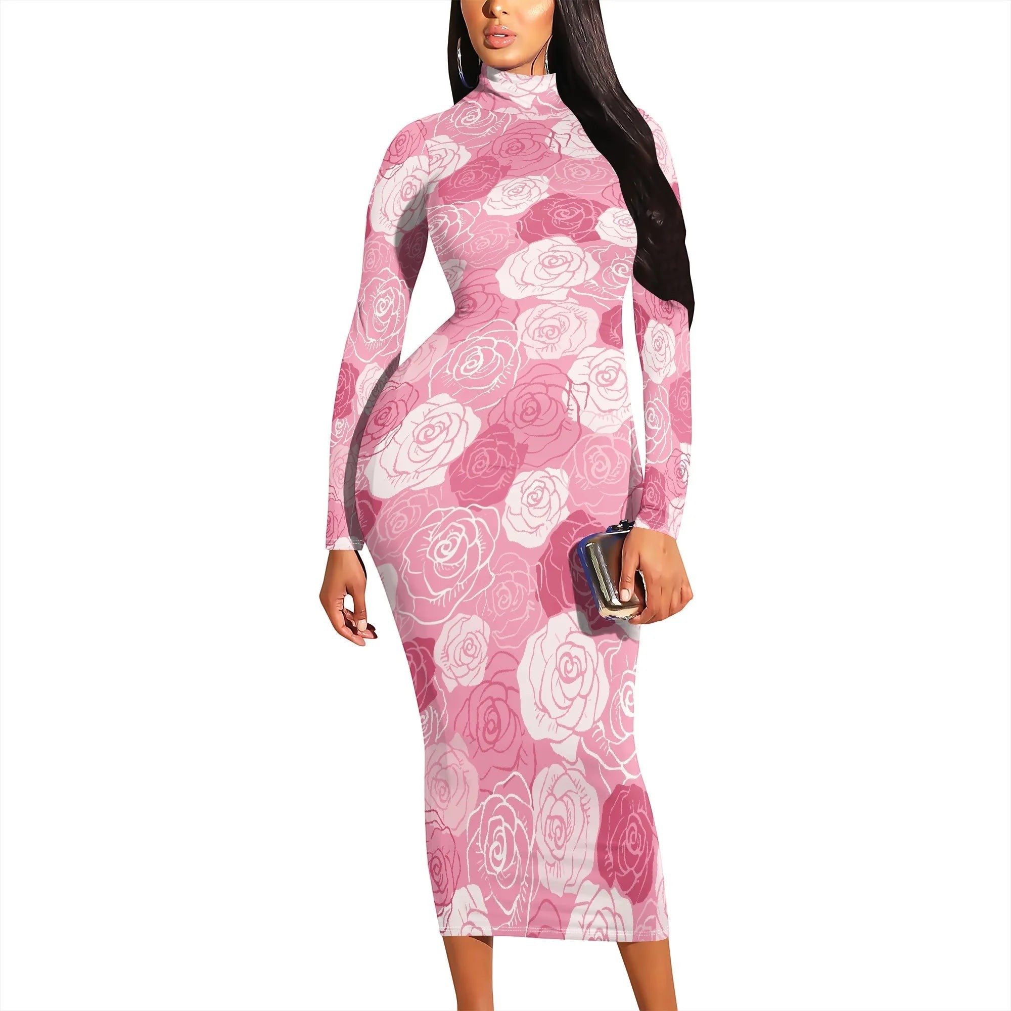 AKJ Fashion robe midi moulante à col montant, manches longues, imprimé roses roses et blancs sur fond rose. Tissu stretch.