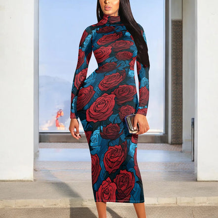 AKJ Fashion robe midi moulante à col montant et manches longues, imprimé roses rouges sur fond bleu, tissu stretch.