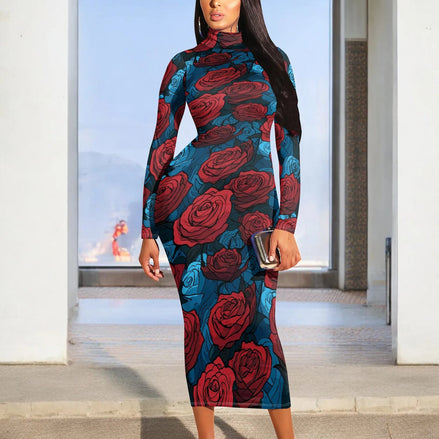 AKJ Fashion robe midi moulante à col montant et manches longues, imprimé roses rouges sur fond bleu, tissu stretch.
