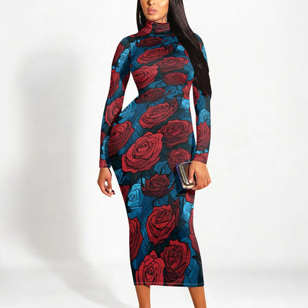 AKJ Fashion robe midi moulante à col montant, manches longues, imprimé roses rouges sur fond bleu. Tissu stretch.