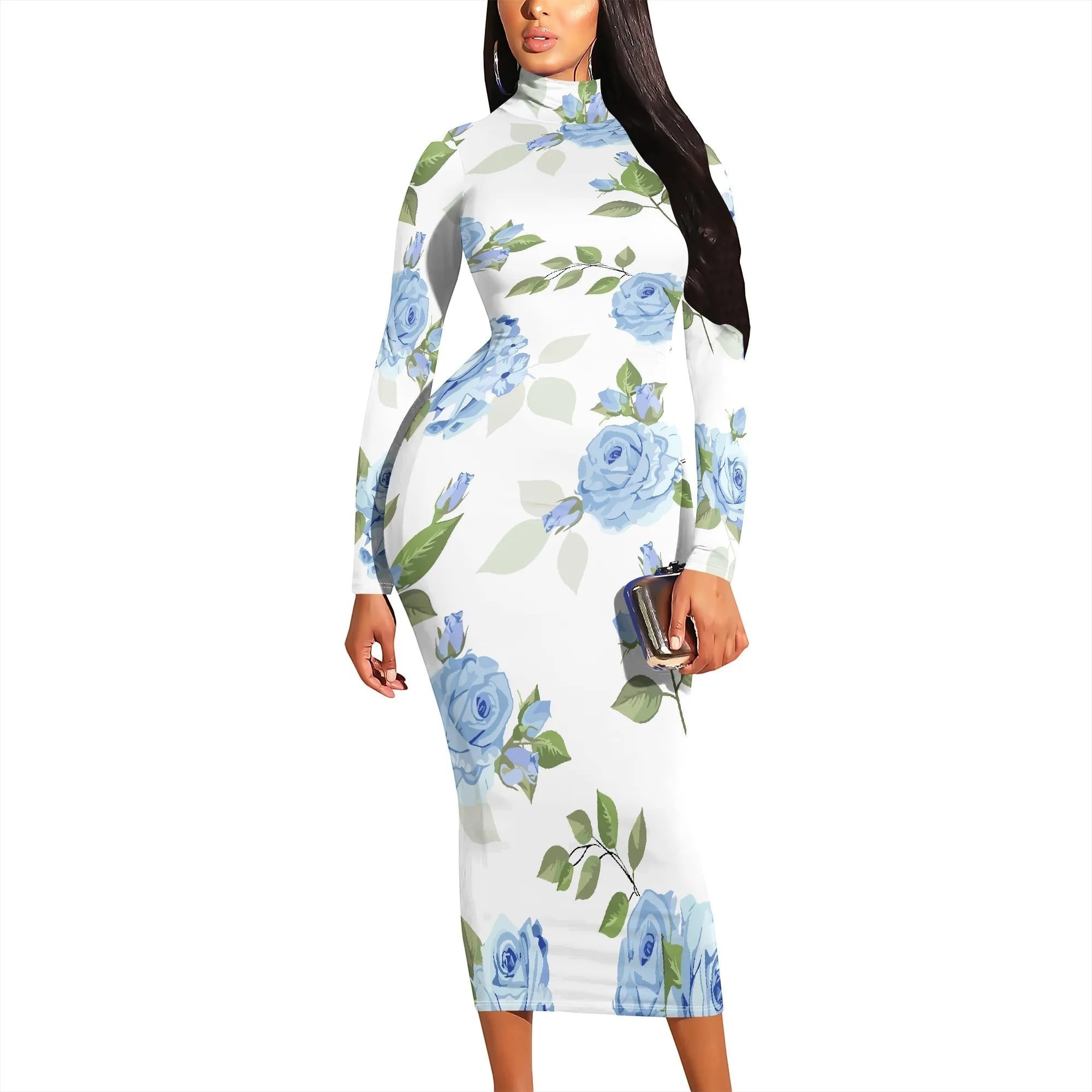 AKJ Fashion robe midi moulante blanche à roses bleues, col montant, manches longues, tissu stretch.