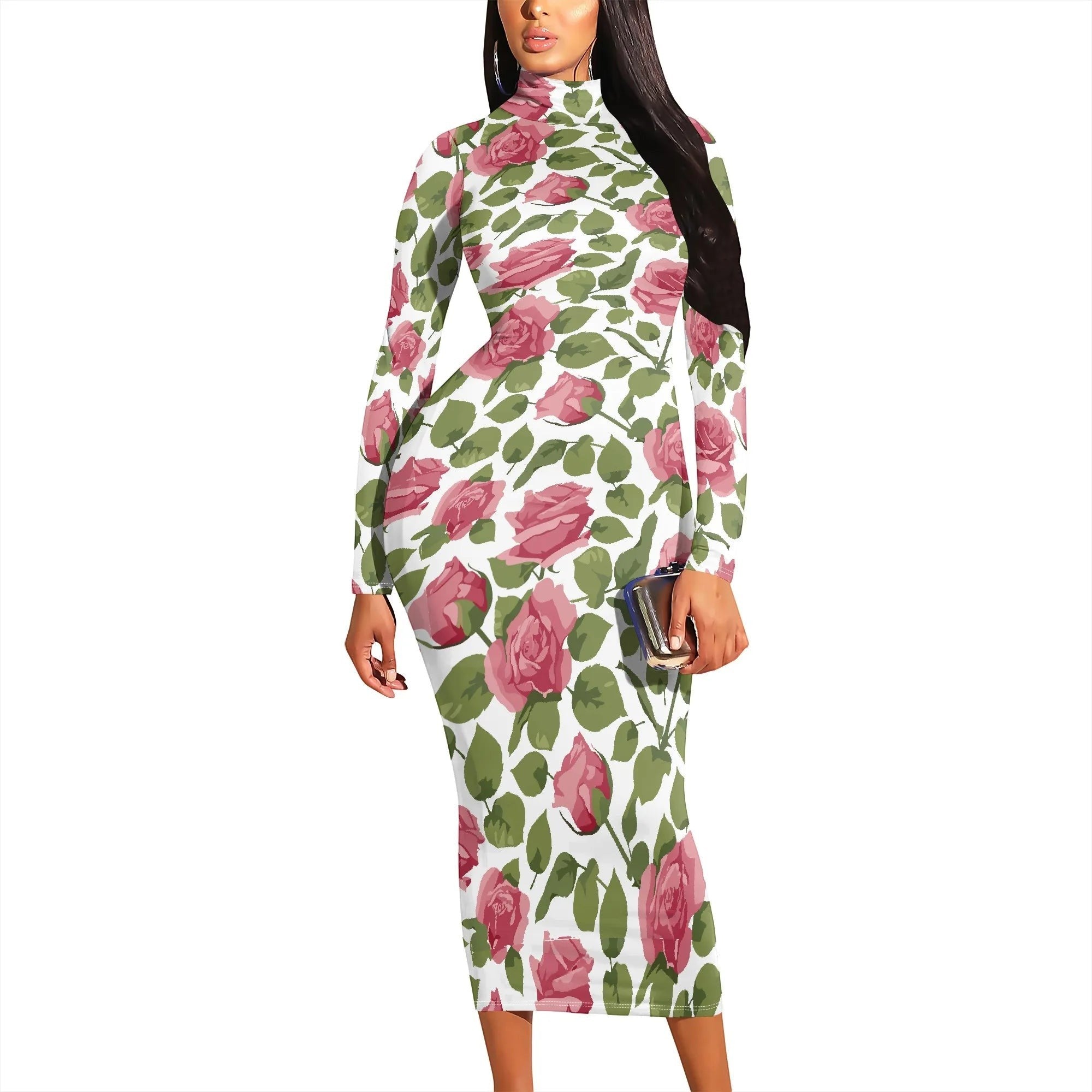 AKJ Fashion robe midi moulante à col montant, manches longues, imprimé roses rouges sur fond blanc. Tissu stretch.