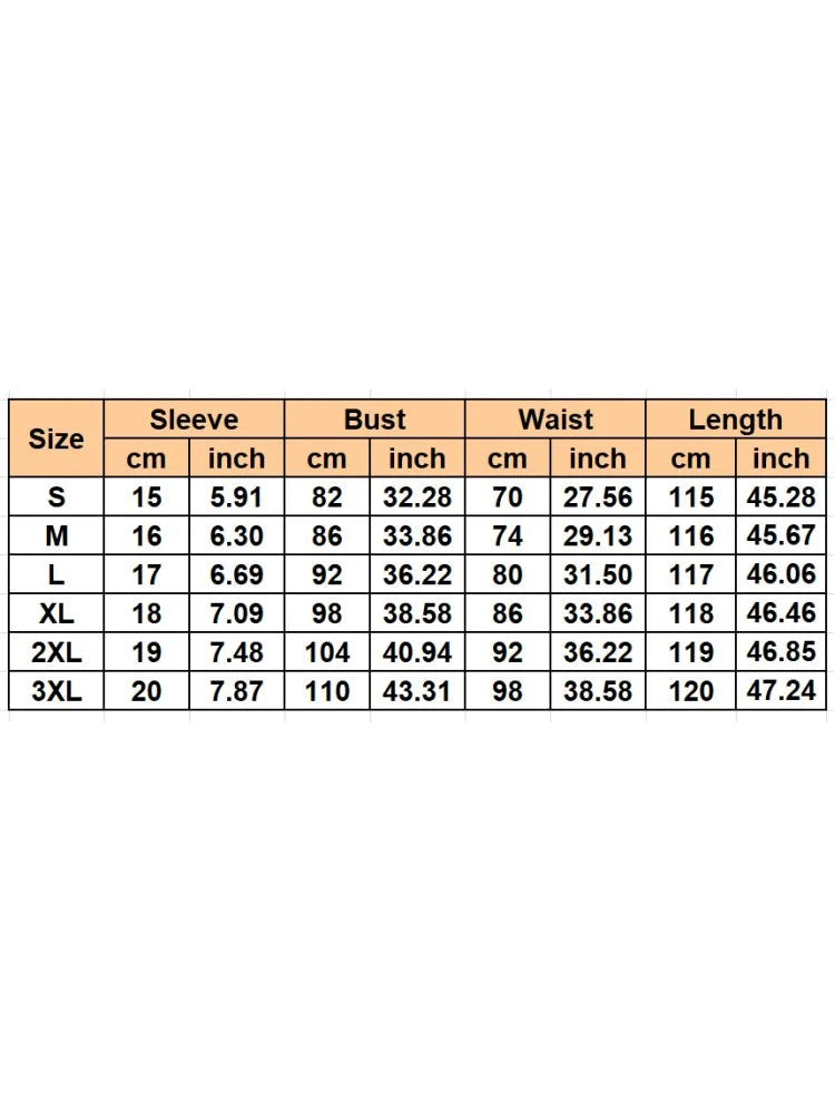 Tableau des tailles pour robe AKJ Fashion : manches, buste, taille, longueur en cm et pouces pour les tailles S à 3XL.