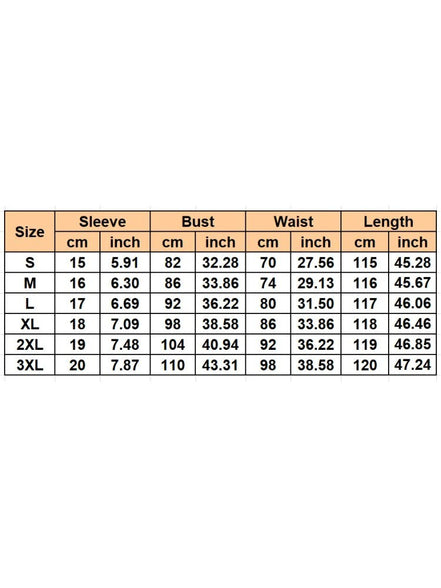 Tableau des tailles pour robe AKJ Fashion : manches, buste, taille, longueur en cm et pouces pour les tailles S à 3XL.