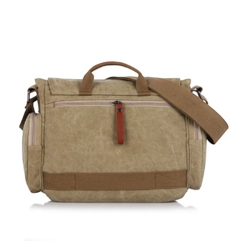 Sac bandoulière AKJ Fashion en toile kaki vintage, robuste, avec bandoulière réglable et plusieurs compartiments.