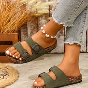 AKJ Fashion sandales plates kaki en simili cuir avec double bride à boucle, style vintage chic.