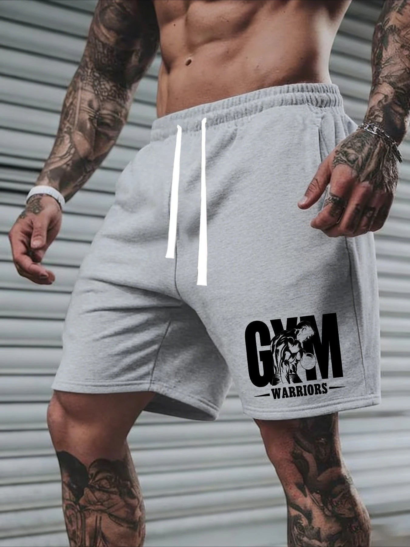 AKJ Fashion short de fitness gris en coton pour homme, avec cordon de serrage et logo 