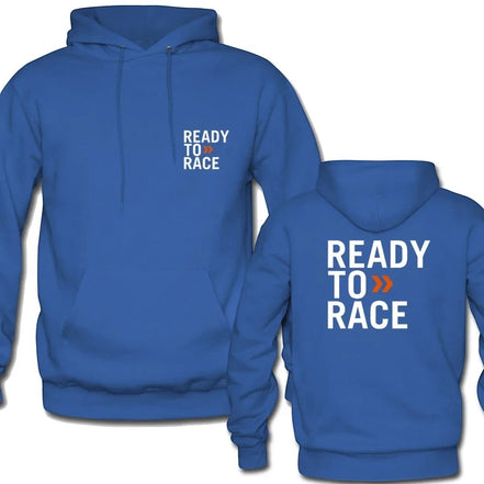 AKJ Fashion sweat à capuche bleu avec inscription "READY TO RACE" blanche et orange sur la poitrine et le dos.