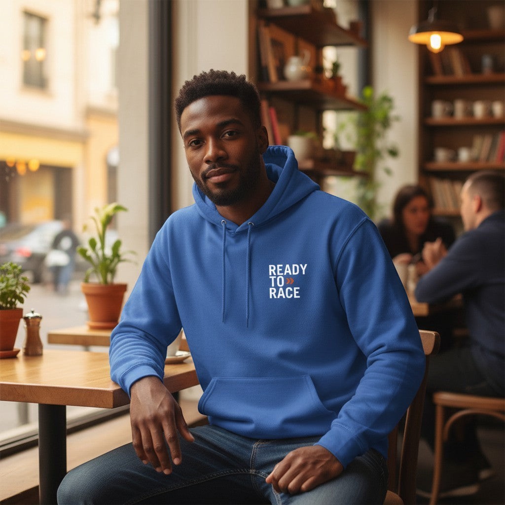 AKJ Fashion sweat à capuche bleu unisexe avec inscription « READY TO RACE » sur la poitrine, poche kangourou, coupe décontractée.