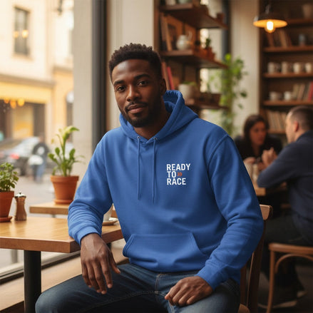 AKJ Fashion sweat à capuche bleu unisexe avec inscription « READY TO RACE » sur la poitrine, poche kangourou, coupe décontractée.