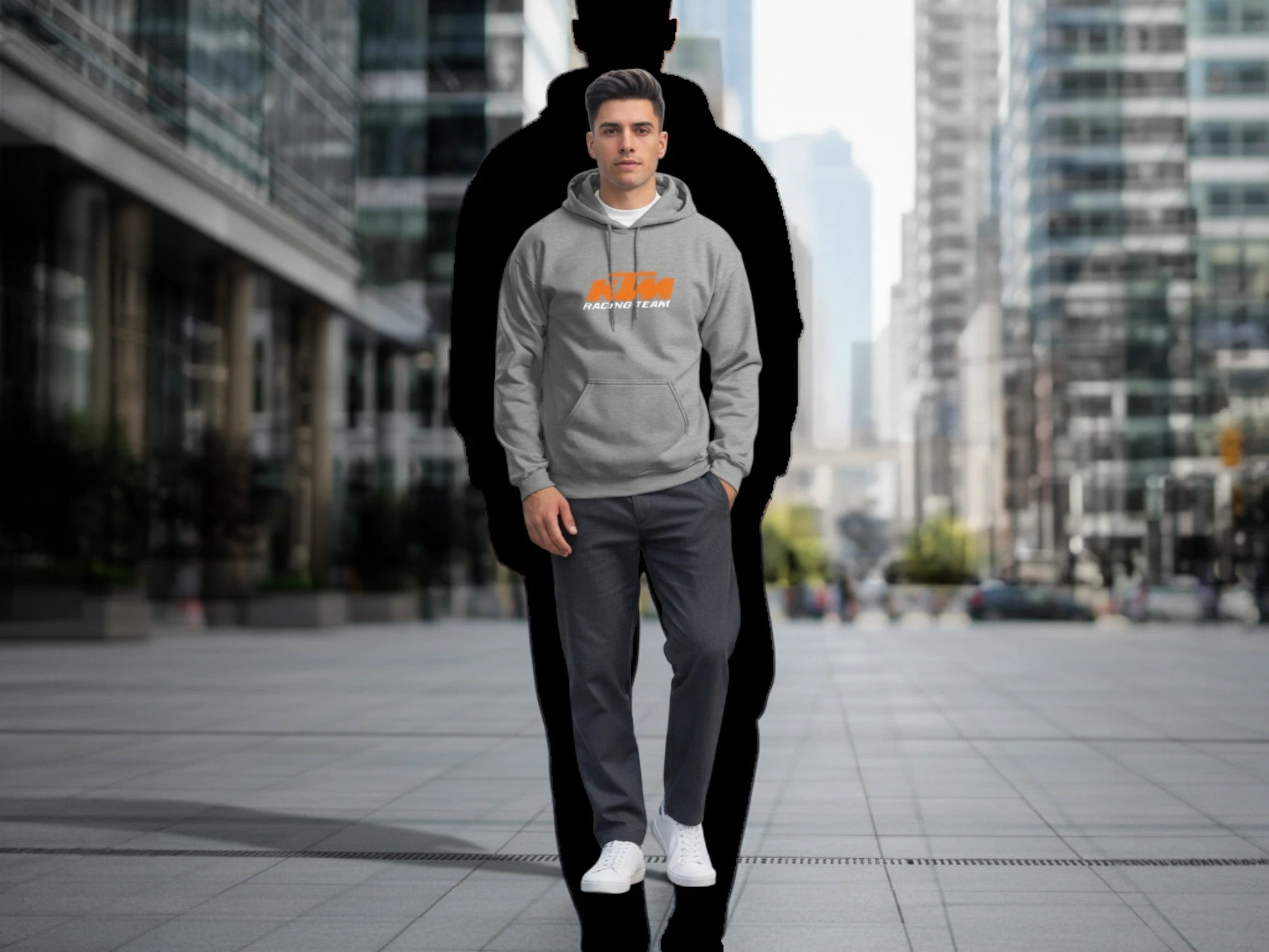AKJ Fashion sweat à capuche gris unisexe en molleton doux avec logo KTM Racing Team orange sur la poitrine, coupe moderne, poche kangourou.