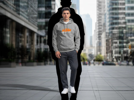 AKJ Fashion sweat à capuche gris unisexe en molleton doux avec logo KTM Racing Team orange sur la poitrine, coupe moderne, poche kangourou.