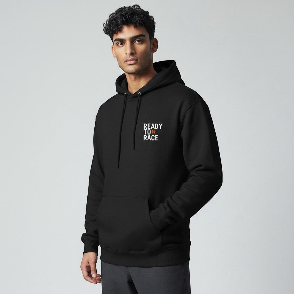 AKJ Fashion sweat à capuche noir unisexe avec inscription « READY TO RACE » blanche et orange sur la poitrine, poche kangourou.