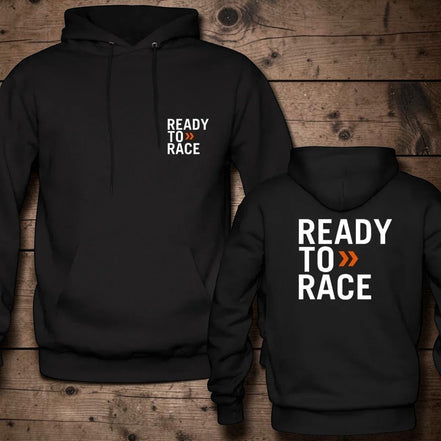AKJ Fashion sweat à capuche noir unisexe avec inscription "READY TO RACE" blanche et orange. Poche kangourou et capuche.