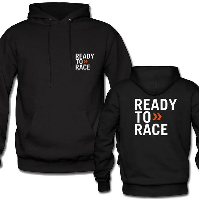 AKJ Fashion sweat à capuche noir unisexe avec inscription « READY TO RACE » blanche et orange. Poche kangourou et capuche.
