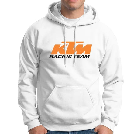 AKJ Fashion sweat à capuche blanc avec logo KTM Racing Team orange sur le devant. Coupe unisexe, matière molletonnée.