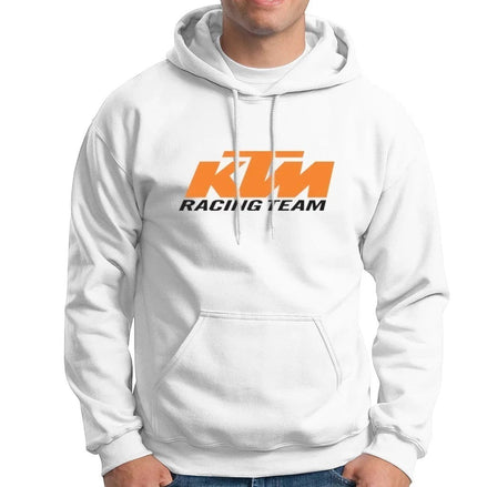 AKJ Fashion sweat à capuche blanc avec logo KTM Racing Team orange sur le devant. Coupe unisexe, matière molletonnée.