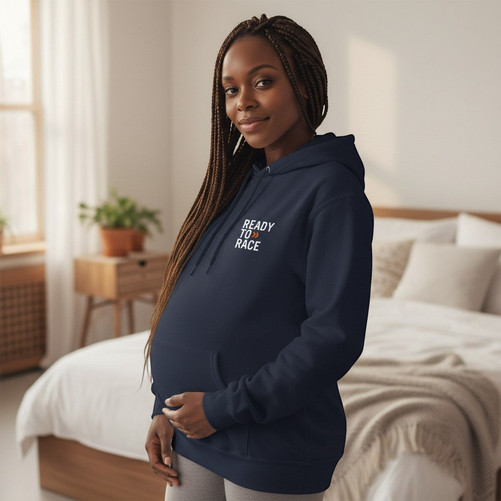 AKJ Fashion sweat à capuche bleu marine unisexe avec inscription « READY TO RACE » blanche et orange. Confortable et polyvalent.