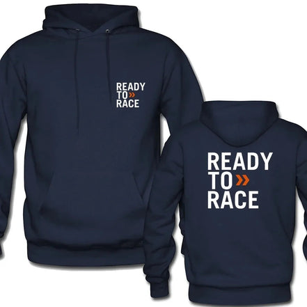 AKJ Fashion sweat à capuche bleu marine unisexe avec inscription "READY TO RACE" blanche et orange, poche kangourou.