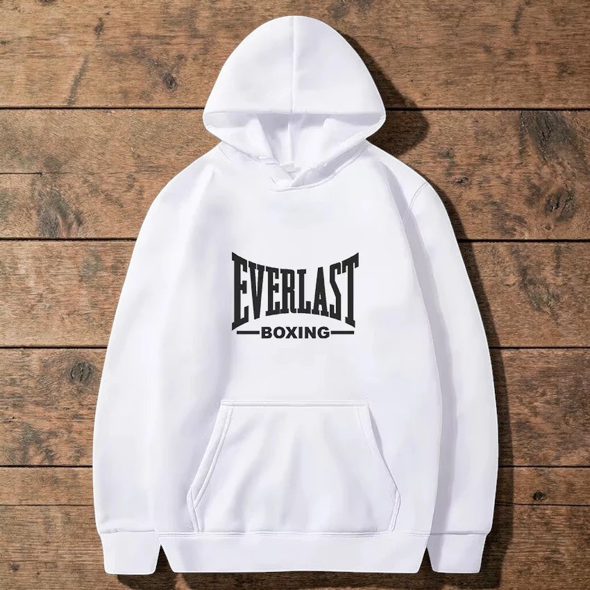 AKJ Fashion sweat à capuche blanc unisexe EVERLAST, molleton doux, poche kangourou, logo noir