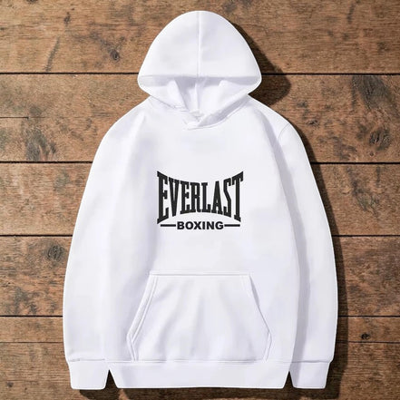 AKJ Fashion sweat à capuche blanc unisexe EVERLAST, molleton doux, poche kangourou, logo noir
