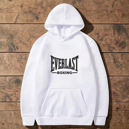 AKJ Fashion sweat à capuche blanc unisexe EVERLAST, molleton doux, poche kangourou, logo noir