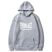 AKJ Fashion sweat à capuche unisexe gris molletonné avec logo EVERLAST BOXING blanc, poche kangourou et capuche.