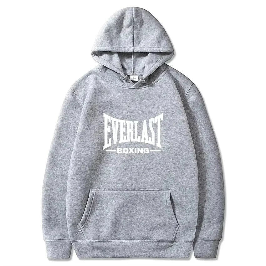 AKJ Fashion sweat à capuche unisexe gris molletonné avec logo EVERLAST BOXING blanc, poche kangourou et capuche.