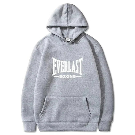 AKJ Fashion sweat à capuche unisexe gris molletonné avec logo EVERLAST BOXING blanc, poche kangourou et capuche.