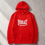 Sweat à capuche rouge AKJ Fashion EVERLAST unisexe en molleton doux, avec logo blanc et poche kangourou.