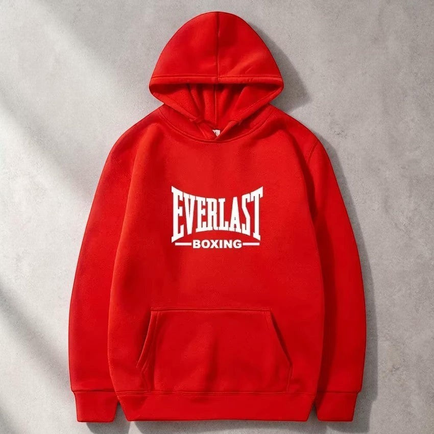 Sweat à capuche rouge AKJ Fashion EVERLAST unisexe en molleton doux, avec logo blanc et poche kangourou.