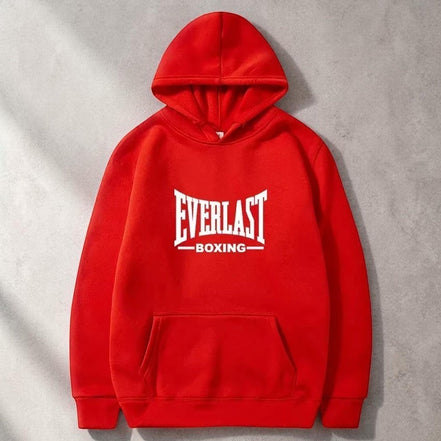 Sweat à capuche rouge AKJ Fashion EVERLAST unisexe en molleton doux, avec logo blanc et poche kangourou.