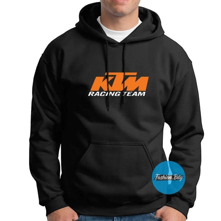 AKJ Fashion sweat à capuche noir avec logo KTM Racing Team orange, coupe unisexe, poche kangourou, capuche ajustable.