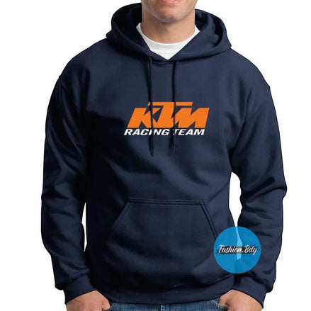 AKJ Fashion sweat à capuche bleu marine pour homme avec logo KTM Racing Team orange. Coupe unisexe, molleton doux, poche kangourou.