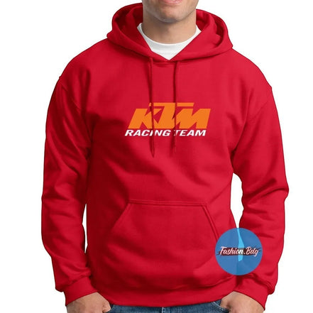 AKJ Fashion sweat à capuche rouge avec logo KTM Racing Team orange, unisexe, molleton doux, poche kangourou.