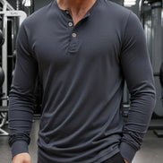 AKJ Fashion T-shirt henley gris foncé en coton pour homme, manches longues, col boutonné, coupe ajustée, idéal pour le sport ou le quotidien.