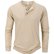 AKJ Fashion T-shirt homme manches longues beige en pur coton, col henley à boutons, coupe ajustée, idéal pour un look casual chic.