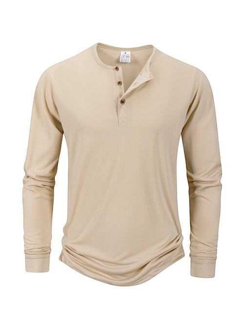 AKJ Fashion T-shirt homme manches longues beige en pur coton, col henley à boutons, coupe ajustée, idéal pour un look casual chic.