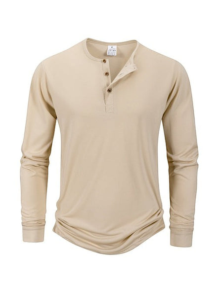 AKJ Fashion T-shirt homme manches longues beige en pur coton, col henley à boutons, coupe ajustée, idéal pour un look casual chic.