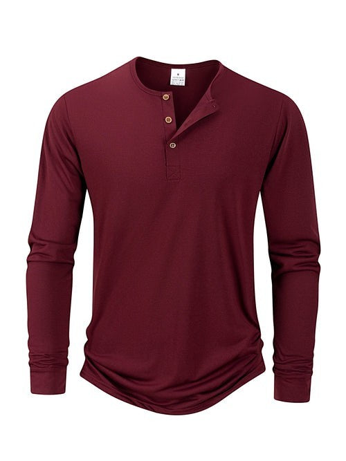 AKJ Fashion T-shirt homme manches longues bordeaux en pur coton, col henley à boutons, coupe ajustée, idéal pour un look casual chic.