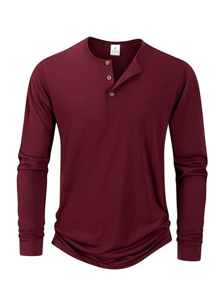 AKJ Fashion T-shirt homme manches longues bordeaux en pur coton, col henley à boutons, coupe ajustée, idéal pour un look casual chic.