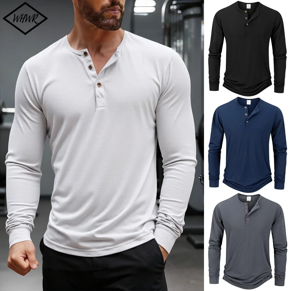 AKJ Fashion T-shirt homme manches longues en coton blanc, col henley à boutons, coupe ajustée, idéal pour le quotidien.